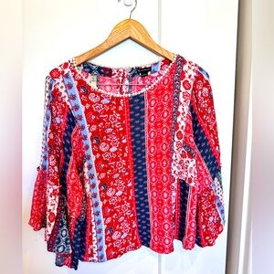 Size XL New Directions red patchwork look boho peasant look blouse cottagecore